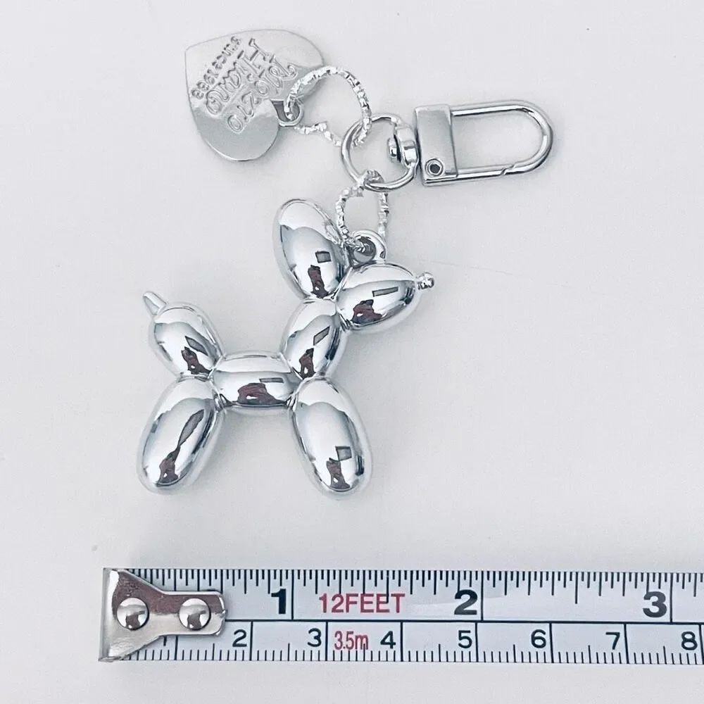 NWT Gorgeous Silver Metal Trendy Laser Balloon Art Dog Shiny Keychain Bag Charm